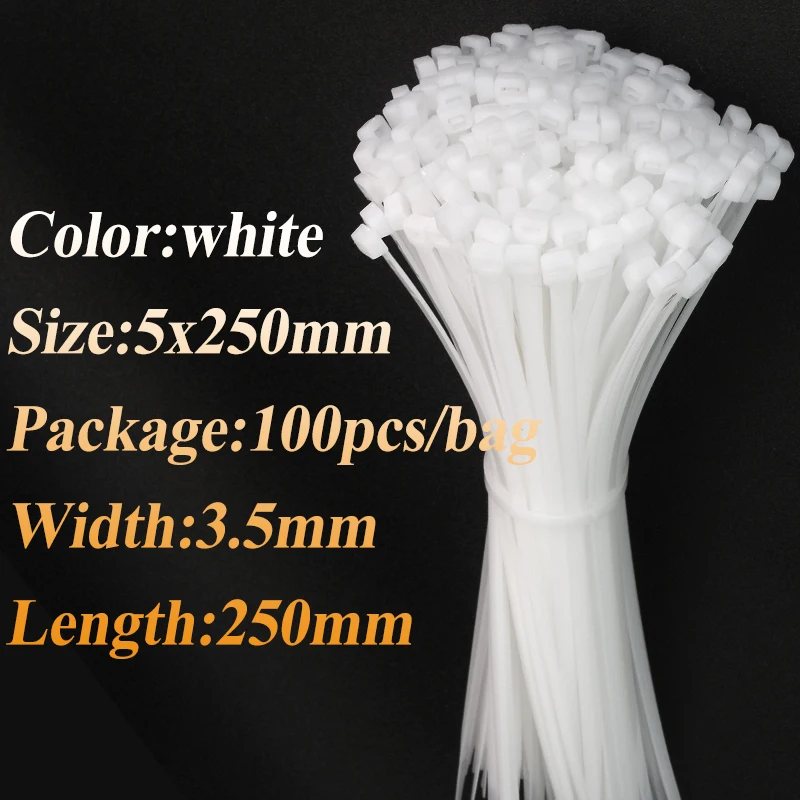 100 unidades/bolsa de Bridas de nailon autoblocantes blancas para organizar y sujetar cables