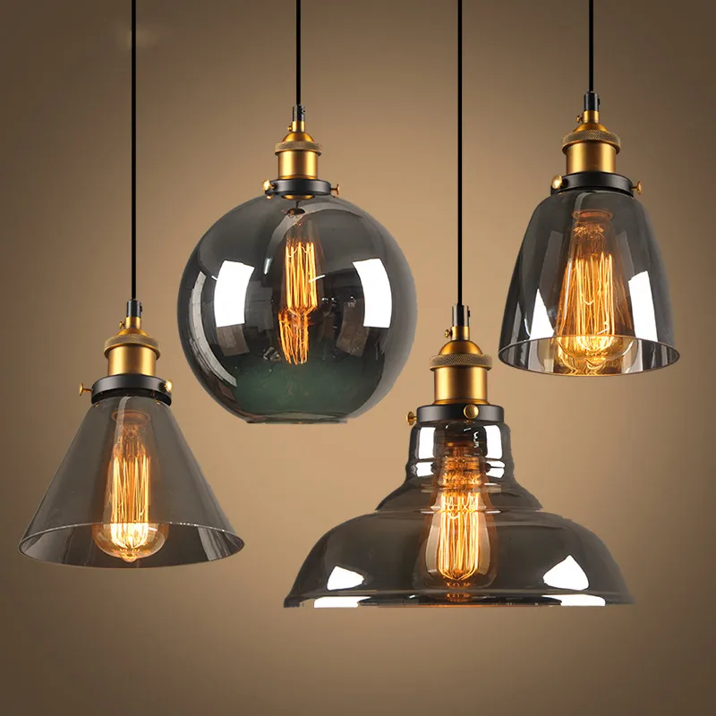 

Industrial Vintage Pendant Lights Kitchen Island Dining Table Lights Bar Smoke Grey Glass Lamp E27 Edison Bulb Gray hanging lamp