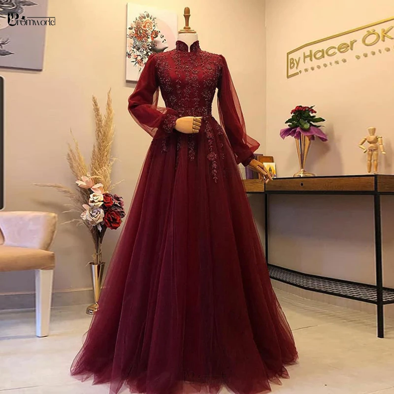 Burgundy Long Sleeve Islamic Muslim Formal Dress A-Line High Collar Beaded Lace Tulle Dubai Saudi Arabic Prom Evening Gowns