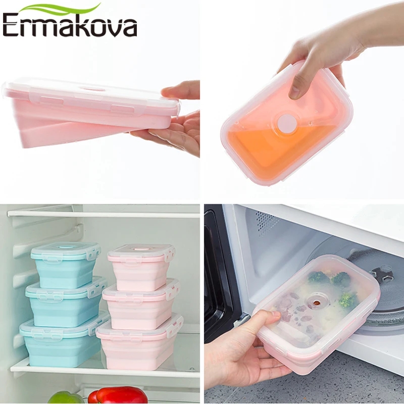 ERMAKOVA Silicone Heat-Resistant Folding Food Storage Container Box Collapsible Lunch Box Bento Box with Airtight Plastic Lid