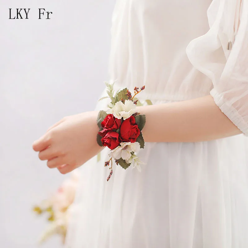 LKY FR งานแต่งงานข้อมือ Corsage Bridesmaid สร้อยข้อมือดอกไม้ผ้าไหม Corsage ข้อมือสร้อยข้อมือแต่งงานดอกไม้ Boutonniere เจ้าบ่าว