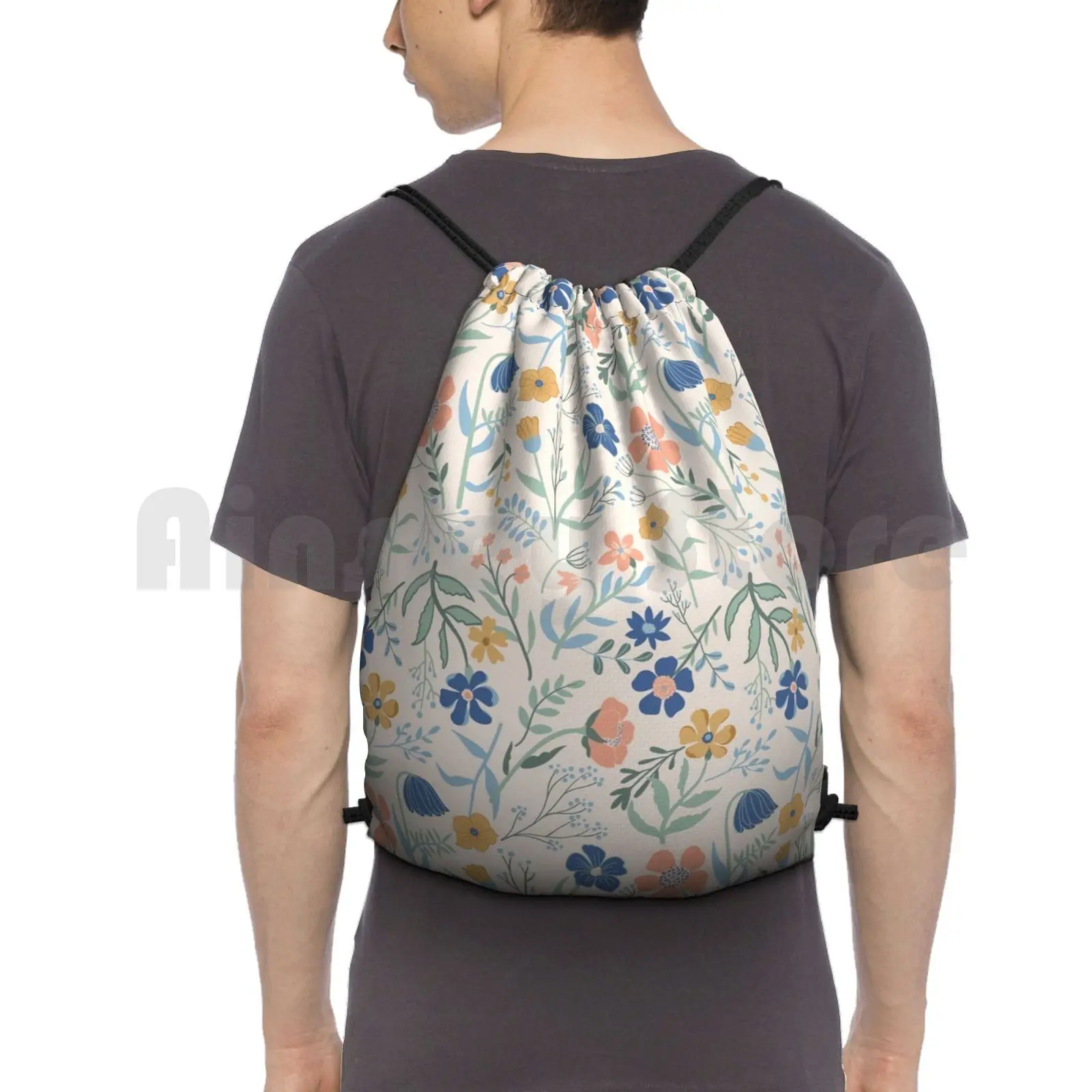

Pastel Blue & Pink Botanical Garden Floral Print Backpack Drawstring Bag Riding Climbing Gym Bag Floral Floral Pattern