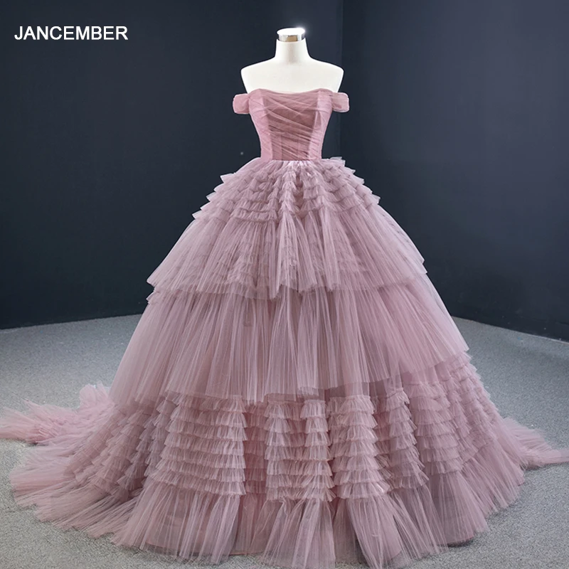 

J67120 JANCEMBER Pink Candy Color Tulle Evening Dress 2021 Tiered Chapel Train Ball Gown Off The Shoulder