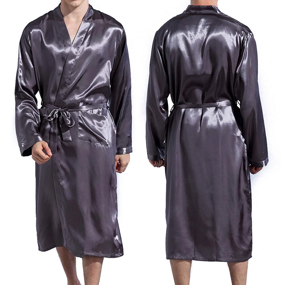 Men Classic Robes Twill Home Clothes Long Robes Pocket Imitation Silk Bathrobe Summer Autumn Sleep Lounge