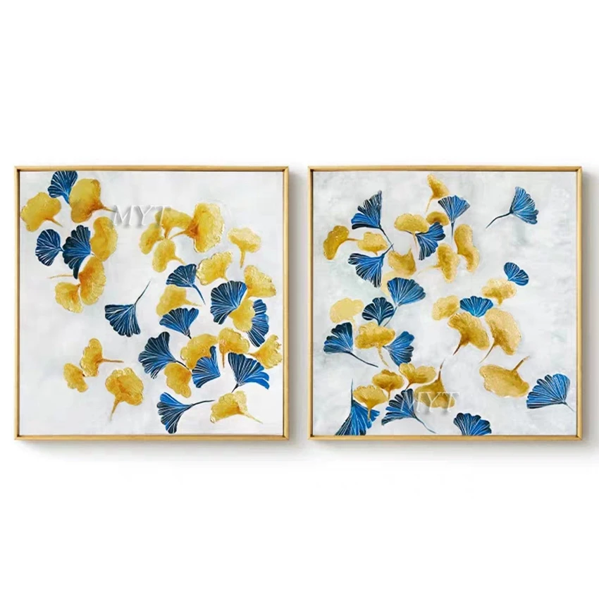 Gold And Blue Maple Leaves Abstract Oil Painting Wall Art Home Decor Picture Modern Hand Painted Oil Painting On Canvas Unframe