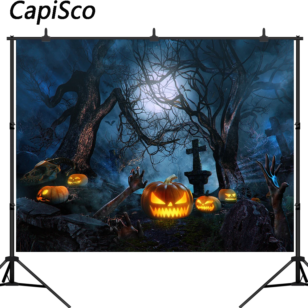 Capisco Halloween Photography Backdrop terrorist Pumpkin Lantern Forest castle Hand Moon Night Background Photo Studio Props