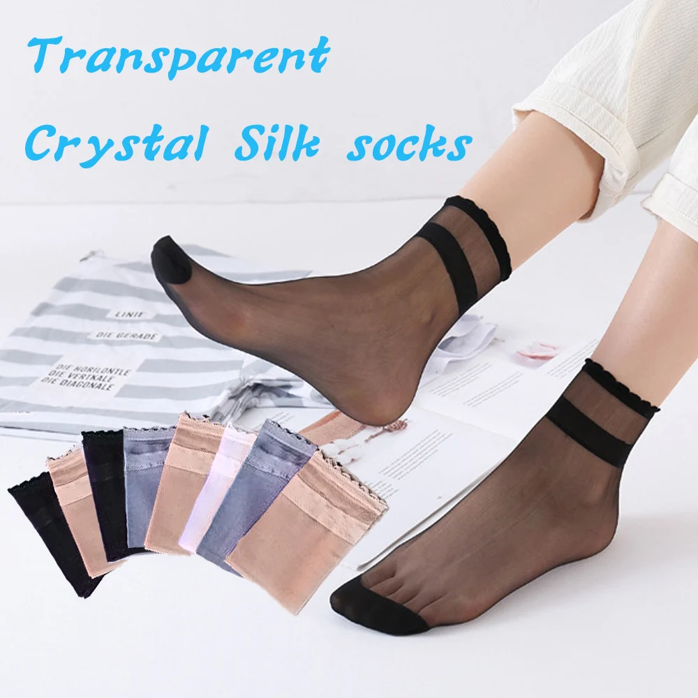 5 Pairs Women Lace Socks 2020 Newly Summer Crystal Silk Ankle Sock Glass Black White Sexy Transparent Socks For Ladies Girls