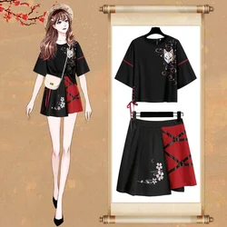 Anime Japanese Red Ribbon Girl Lolita T-shirt Short Skirt Set Adult Fox Hanfu Dress Halloween Cosplay Costume