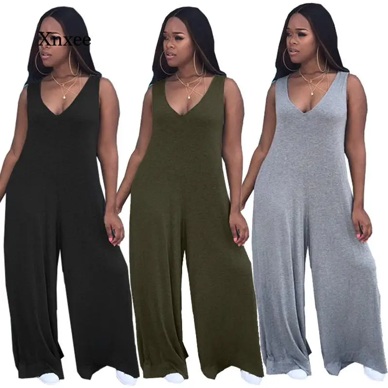 Loose Rompers Women's Summer V Neck Wide Leg Jumpsuit Fashion Pure Sleeveless Bodycon Beach Casual Straight Trousers Clothing