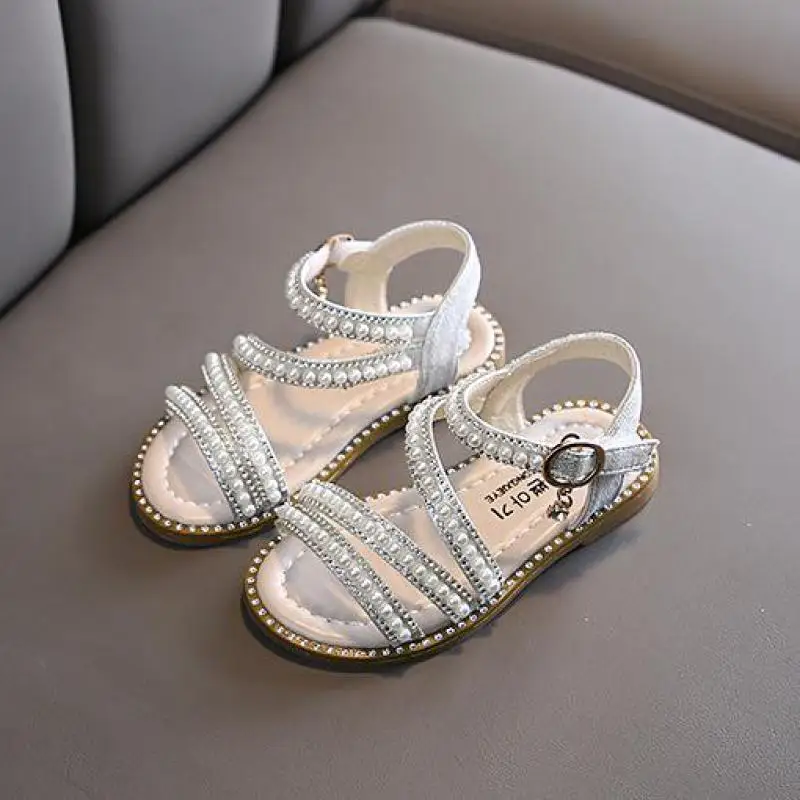 Summer Girls Shoes Bead Mary Janes Flats Fling Princess Shoes Baby Dance Shoes Kids Sandals Children Wedding Shoes Pink D238