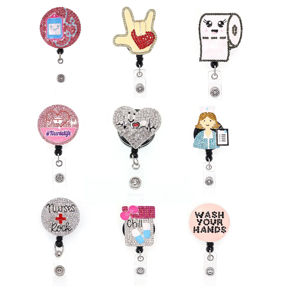 Medical Nurse Accessories Alloy Rhinestone Retractable Nurse Badge Reel with Alligator Clip Infusion bag Badge Holdere Holder