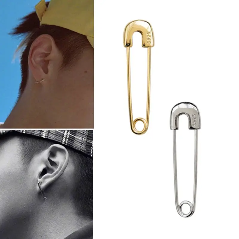 Punk Rock Sterling Safety Pin Stud Earrings Ear Threader Studs Fashion Jewelry Unisex