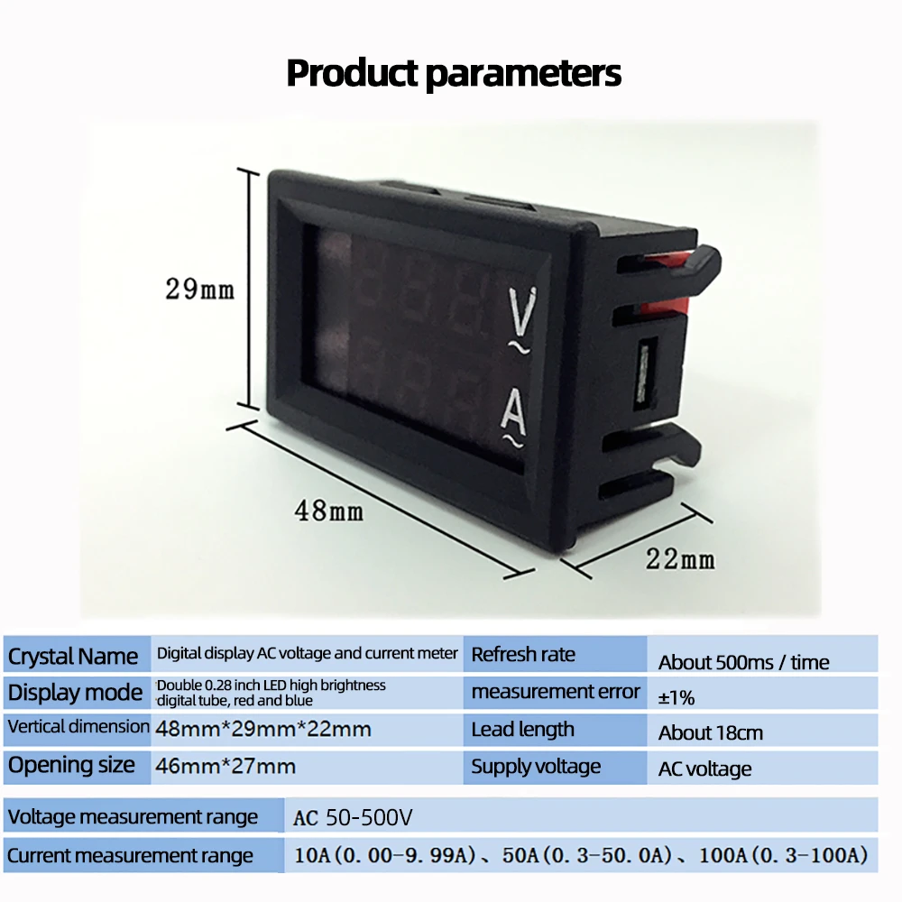 0.56\'\' AC 60-500V 220V 10A 50A 100A Digital LED Voltmeter Ammeter Voltage Current Meter Tester Detector Current Transformer