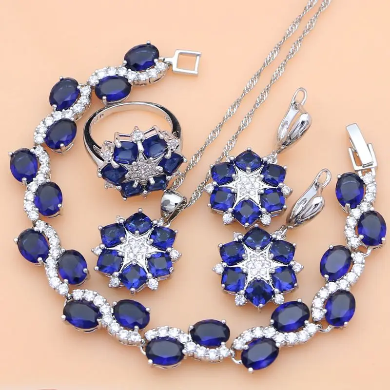 

925 Silver Jewelry Sets Blue Cubic Zirconia Birthstone For Women Party Earrings Birthday Gift For Lover