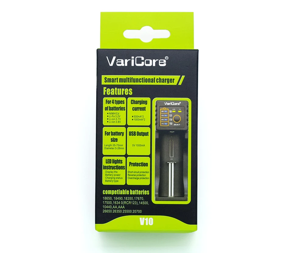 VariCore-cargador inteligente V10 de 1,2 V, 3 V, 3,7 V, 4,25 V, 18650 V, 26650/18350/16340/18500/pilas AA/AAA, enchufe de 5V y 1A