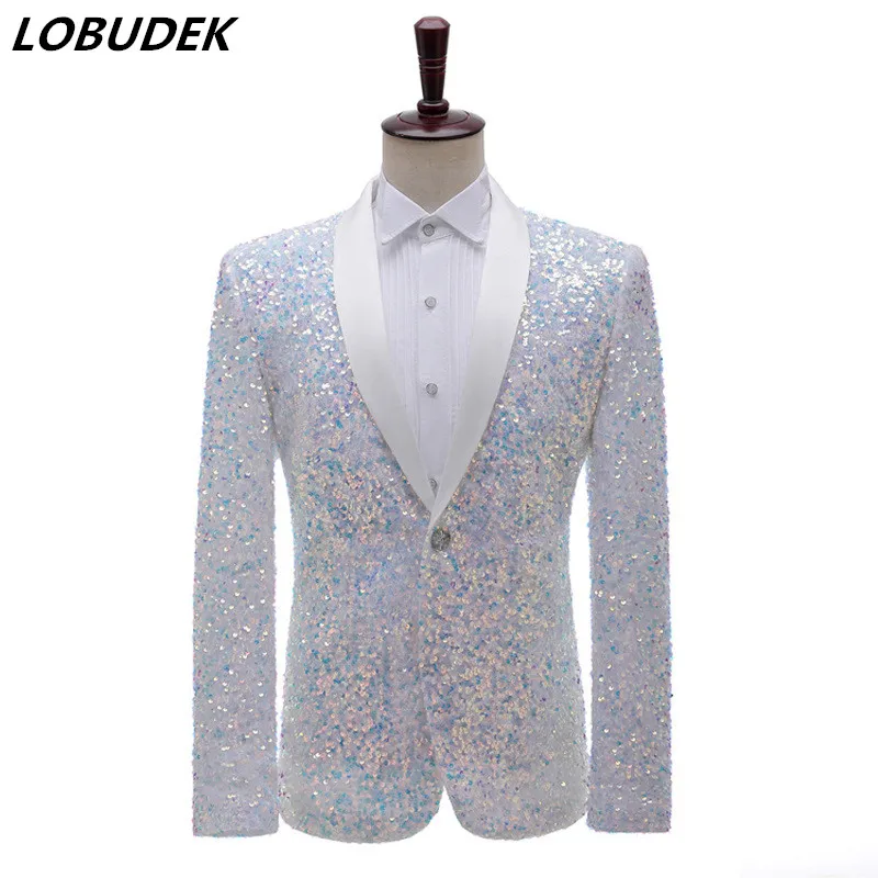 

Men Bar Nightclub Stage Performance Sequins Suit Jacket Concert Host Singer Party Show Shiny Slim Blazers Tuxedo Costume White