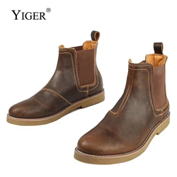 YIGER Men's Chelsea Boots Man Casual Boots Male British Ankle Boots Men Winter Warm Genuine Leather Boots Crazy Horse Skin 2023