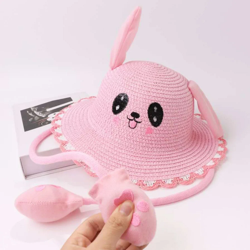 HUISHI Summer Hat For Baby Girl Straw Cute Cartoon Dance Airbag Ears Rabbit Hat For Kids Boy Girls Beach Panama Cap Foldable