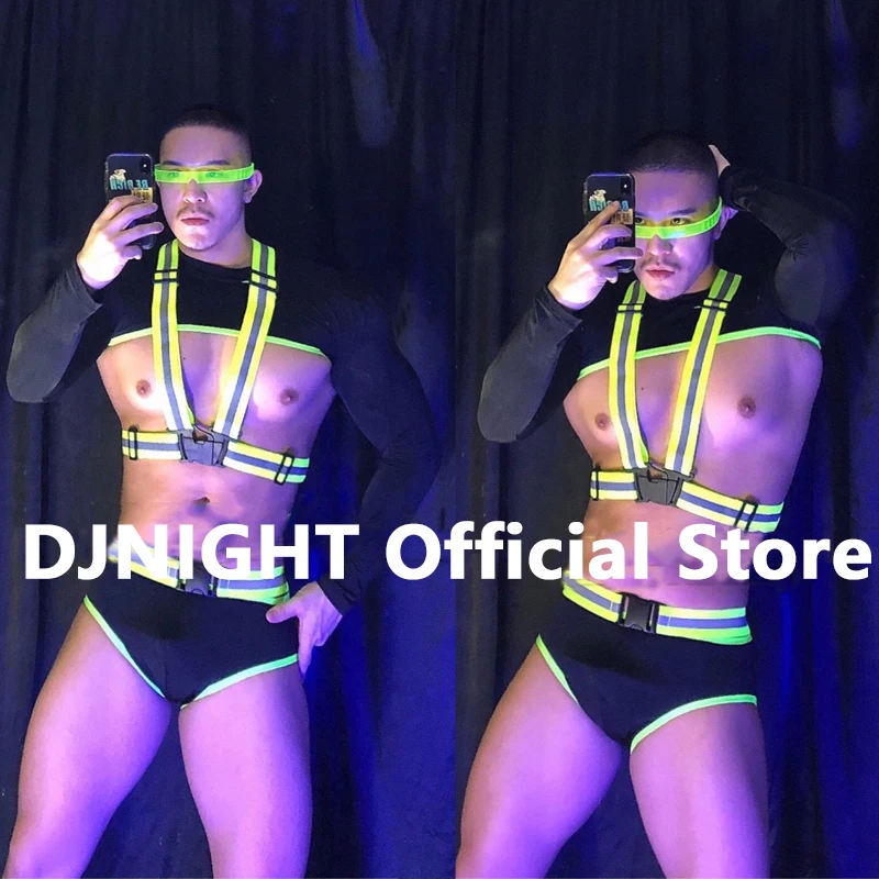 

Sexy Muscle Man Fluorescent Green Chest Strap Top Shorts Gogo Costume Nightclub Dj Ds Stage Pole Dance Festival Clothes XS2133