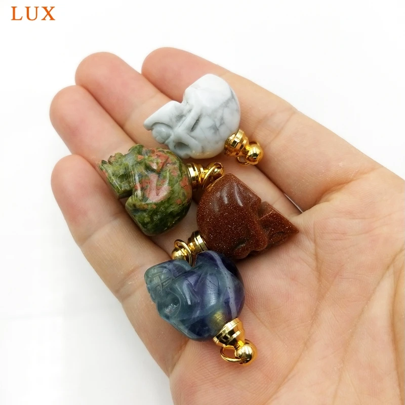 Natural Gemstone Skull Pendant, Crystal Perfume Bottle Essential Oil Diffuser Vial, Stone Handmade Carvings Malachite Amethyst