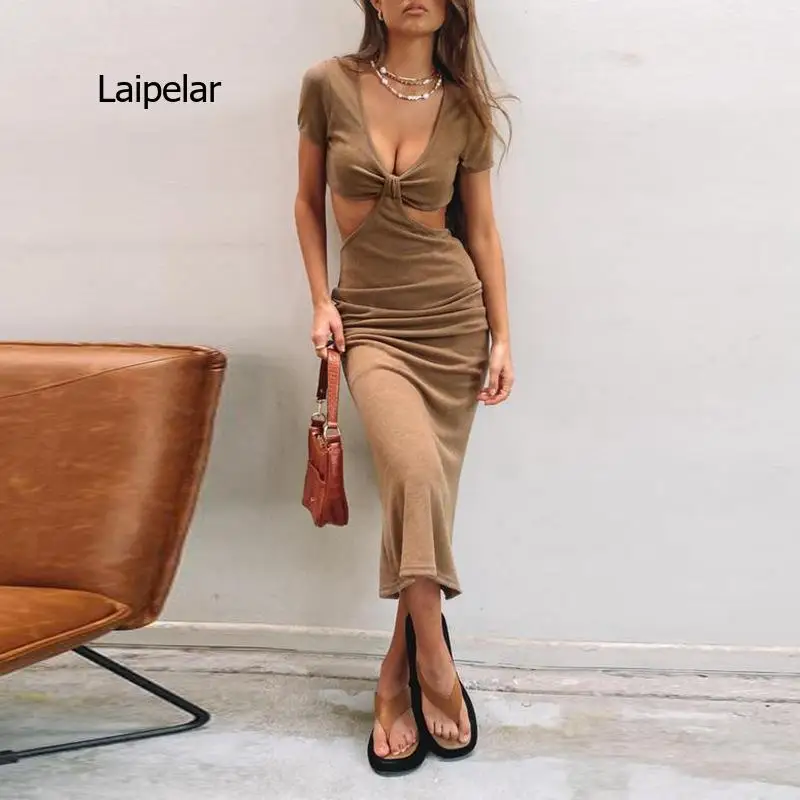 2021 Spring and Summer Women's Short Sleeve Open Back High Waist Solid Color Sexy Beach Causal Dress