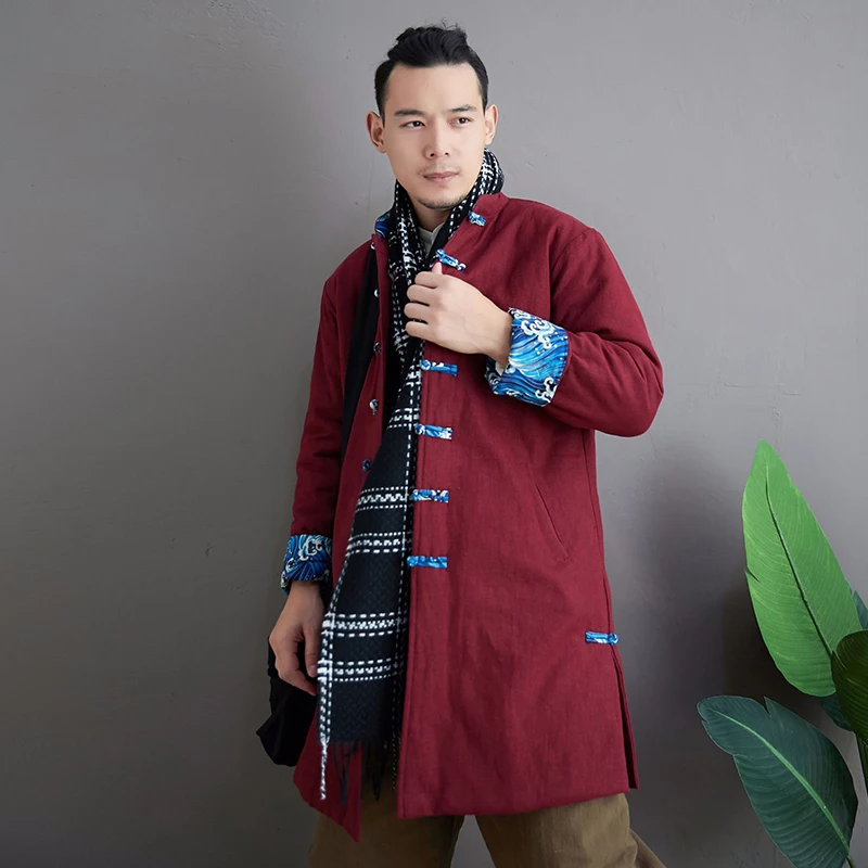 LZJN jaket bantalan katun pria, jaket berlapis katun tradisional Cina, warna kontras kancing gumpalan tebal dan hangat musim dingin 2025