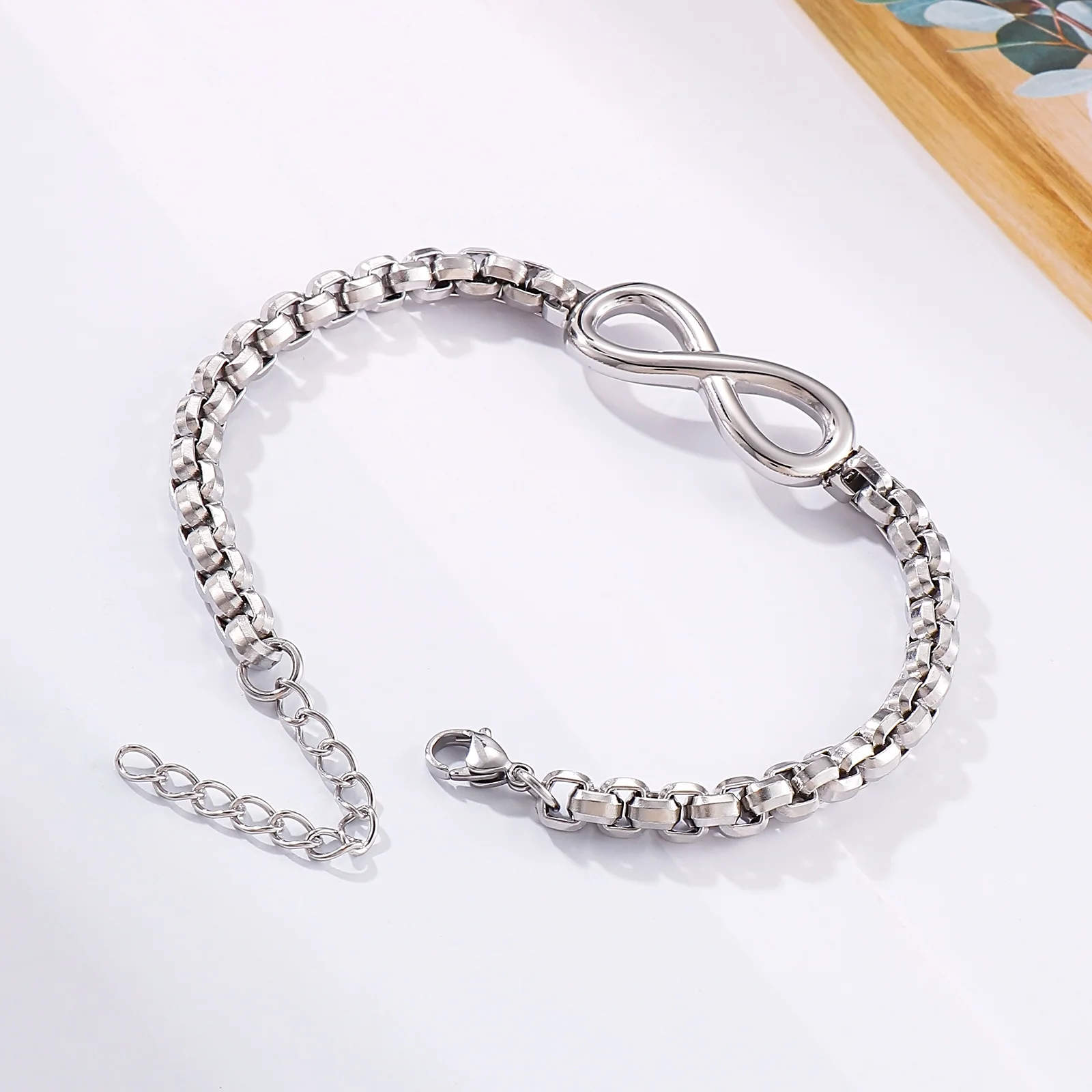 DICOTICO Creative Number 8 Big Pearl Chain Bracelet For Women Fashion Metal Color Stainless Steel  Charm Bangles Femme Jewelry