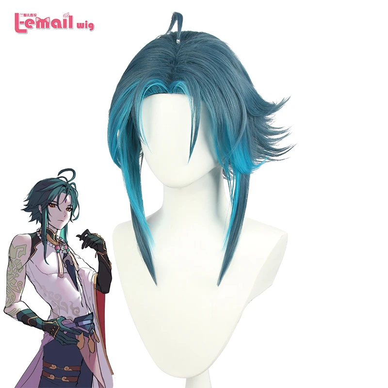 L-email wig Game Genshin Impact Xiao Cosplay Wigs Mixed Blue Short Cosplay Wig Heat Resistant Synthetic Hair Halloween