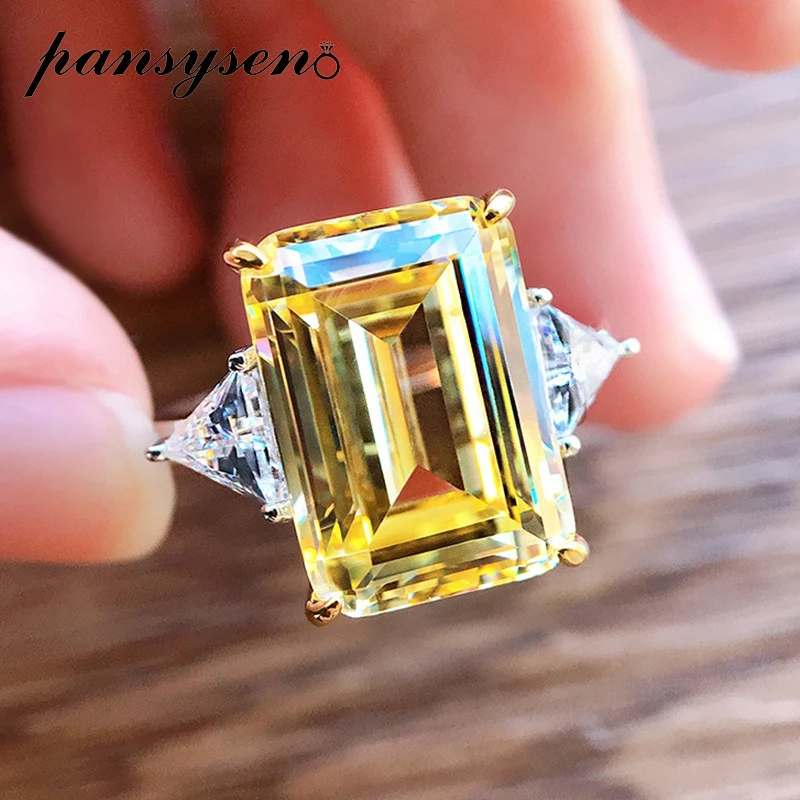 PANSYSEN 100% 925 Sterling Silver 10*14mm Emerald Cut Citrine Sapphire High Carbon Diamond Rings for Women Wedding Fine Jewelry