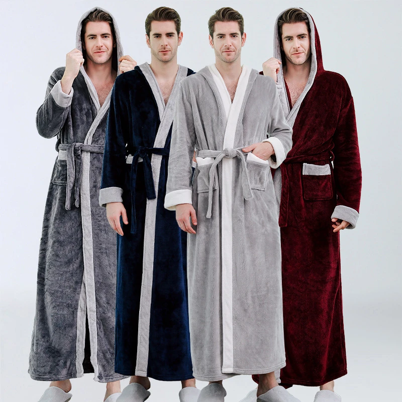 Men Winter Thicken Warm Flannel Hooded Bathrobe Extra Long Coral Fleece Bath Robe Night Dressing Gown Sleepwear Pijama