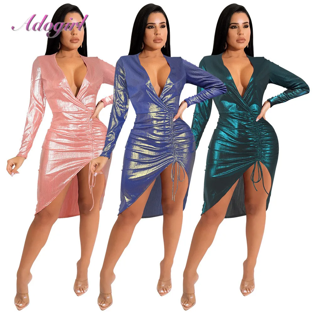 

Casual Glitter Metallic Gilding Deep V Neck Ruched Pleated Mini Dress Sexy High Split Bandage Party Club Dresses Outfit Vestidos