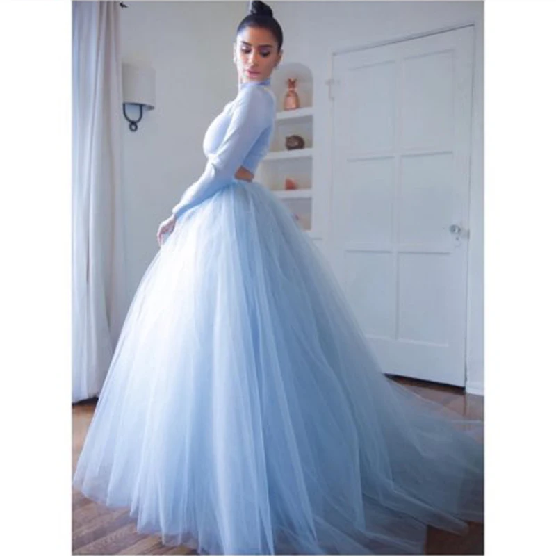 Light Blue Long Tulle Skirt Ball Gown Sweep Train Prom Skirts 7 Layers Tulle Women Vintage Maxi Skirt Custom Made Saia Longa