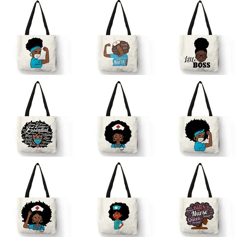 Black Nurse Print Women Totes Afro Ladies Fashion Handbag American Africa Girls  Shoulder Bag Shopping Bags Supermarket Outdoor