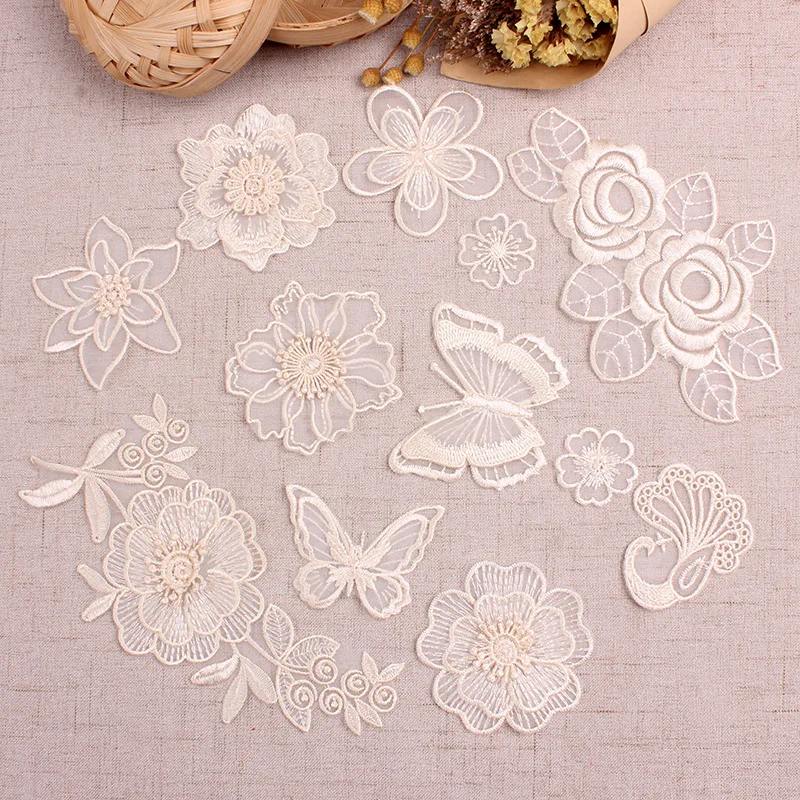 Beige Lace Peacock Butterfly Patches for Clothing Sew Ion on Clothes Embroidered Applique DIY Stripe Rose Flower Sticker Badge