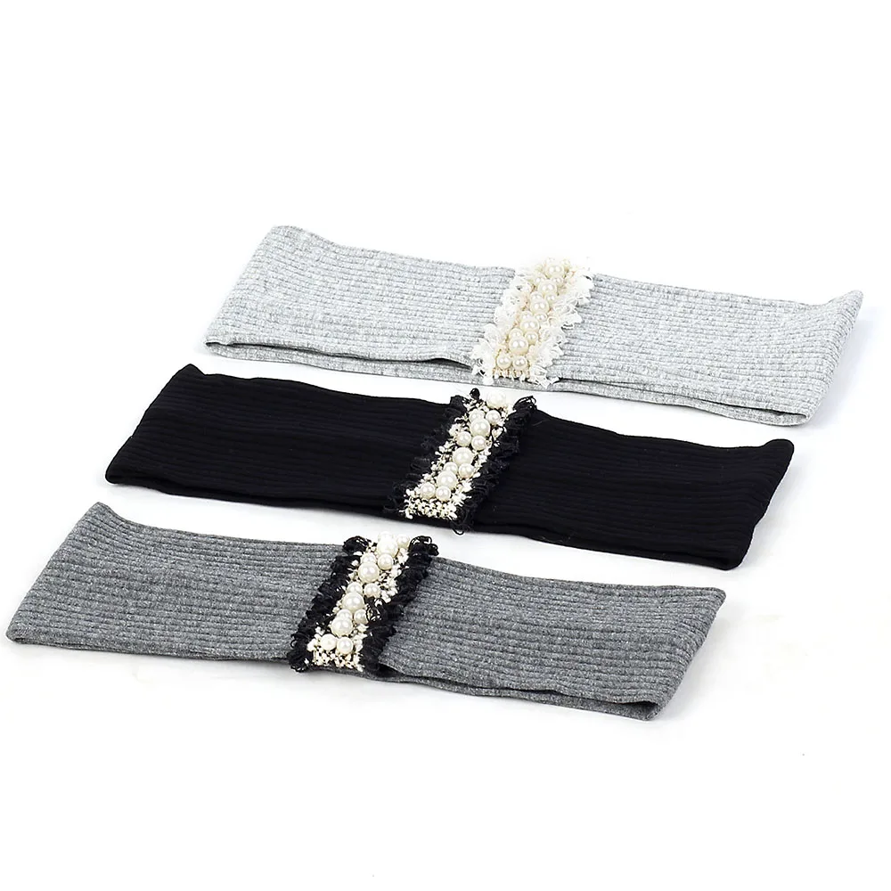 Geebro Pearl Lace Stripe Elastic Ribbed Women Yoga Headband Delicate Beads Hairband Female Hair Accessories for Lady Girls