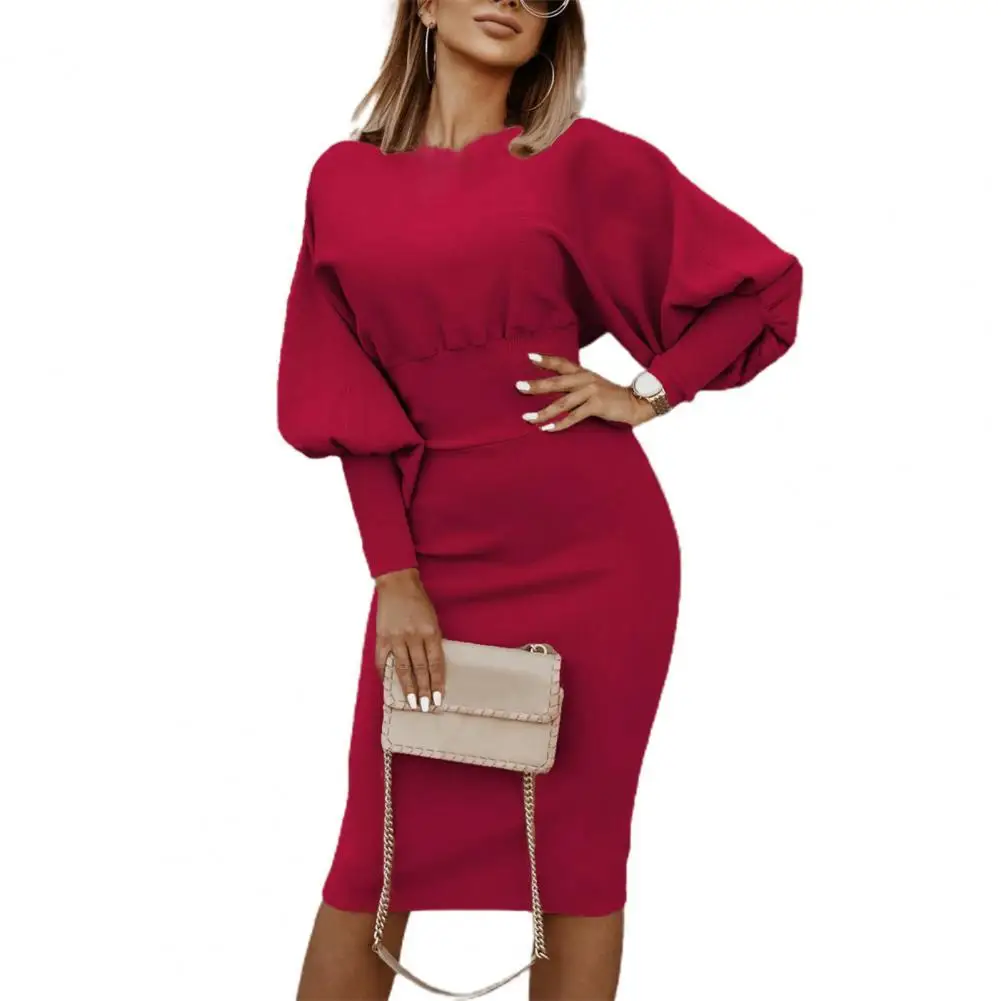 

Women Dress Puff Sleeve Slim Round Neck Knee Length Office Bodycon Dress Basic Elegant Party