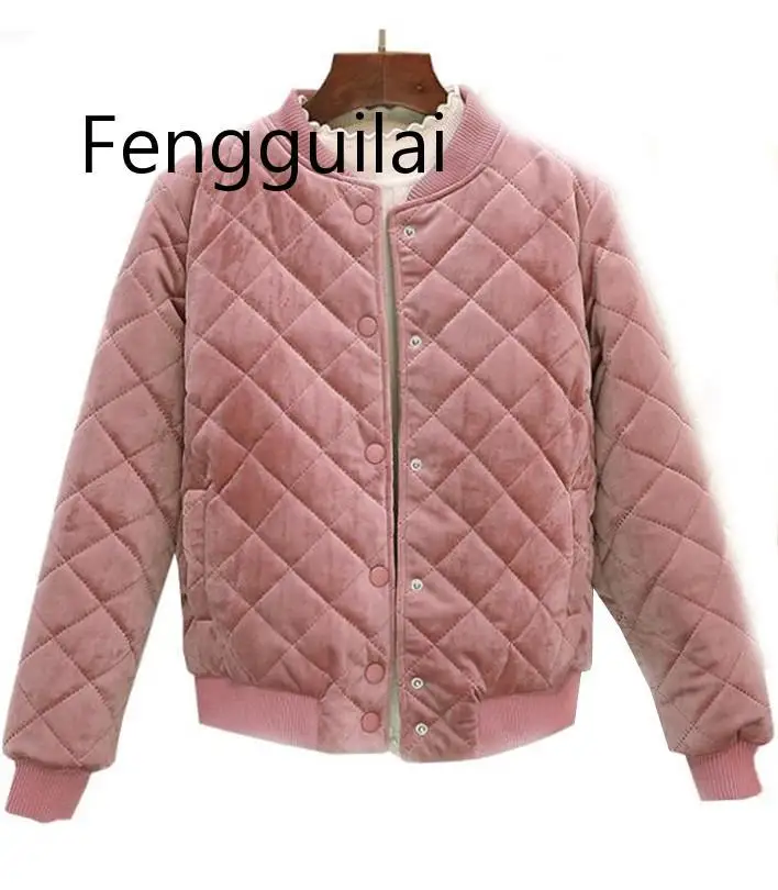 Imagem -04 - Fengguilai Outono Inverno Feminino Curto Cabolsas de Algodão Quente Engrossar Veludo Parka Jaquetas Estudantes de Beisebol Outerwear Sólidos Bombardeiros para