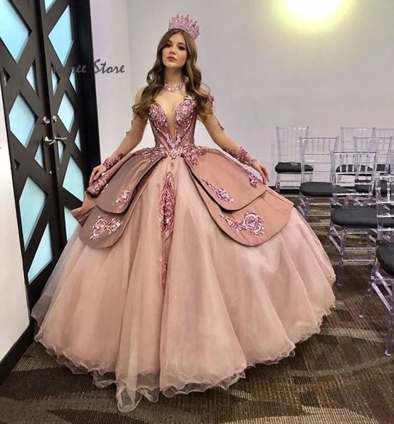 Dusty Pink Princess Quinceanera Dress With Rose Gold Sequin Long Sleeve Sweet 16 Puffy Pageant Vestidos De 15 Años Customiezd