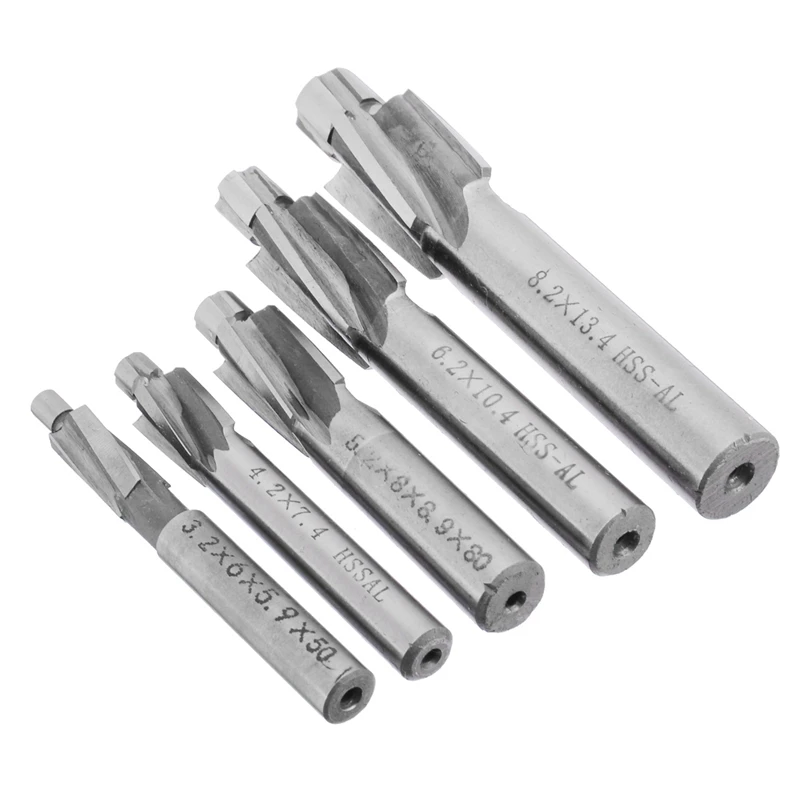 ABSF 5Pcs HSS Counterbore End Mill M3-M8 Pilot Slotting Tool Milling Cutter Countersink End Mills