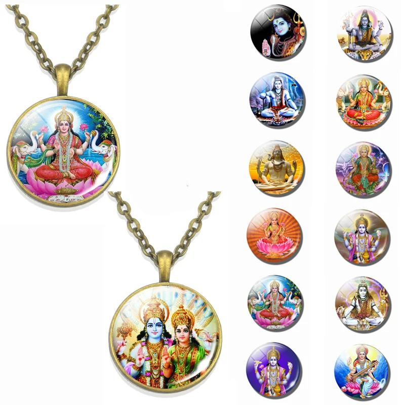Lakshmi bogini wzór brązowy Retro wisiorek naszyjnik hinduizm bóg Ganesh szkło Cabochon biżuteria naszyjnik prezent Amulet
