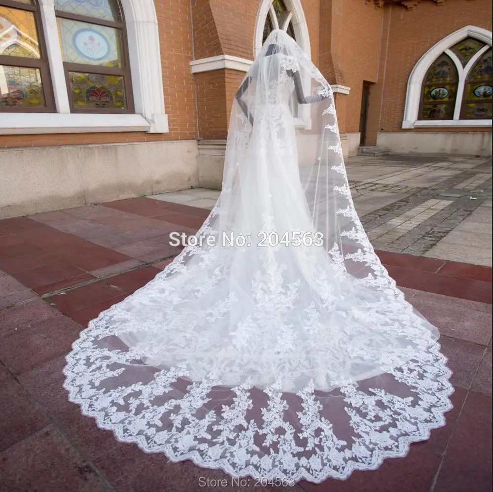 

White or Ivory Stunning Long Wedding Veils Lace Edge Tulle Cathedral Veil for Bride with Comb MM Wedding Accessories