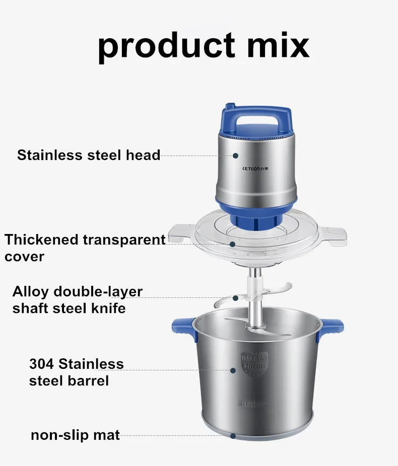 8L Commercial  Meat Grinder 1200W High-power Minced Meat Blender Home Electric Stainless Steel Pepper Garlic Crusher Device