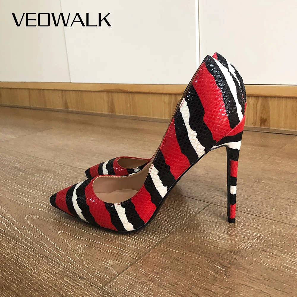 Veowalk Striped Crocodile Effect Women Sexy Pointy Toe Stiletto Pumps Ladies Slip On Low Cut High Heel Shoes for Party Red