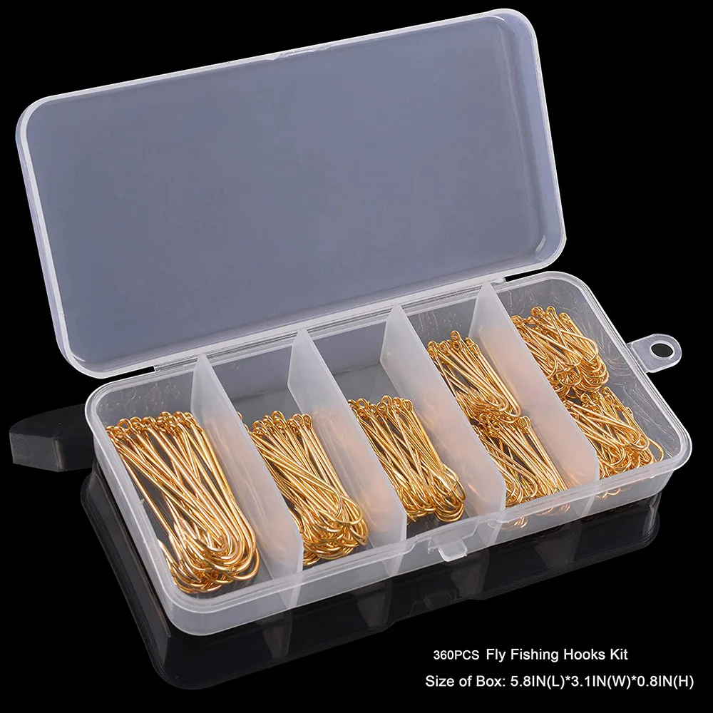 360pcs fly fishing hooks kit assortment for tying flies Golden Long Shank Fishhooks Freshwater Saltwater Jig hook