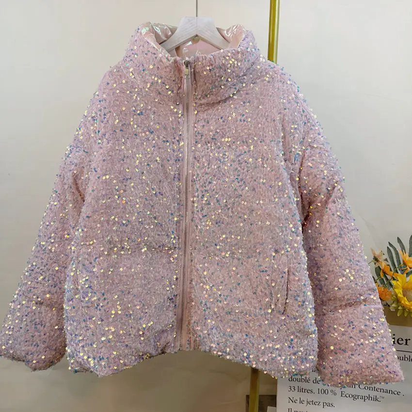 2024 New Winter European Loose Warm Thickening Sequin Cotton Jacket Woman Fashion Women Coat Loose Streetwear