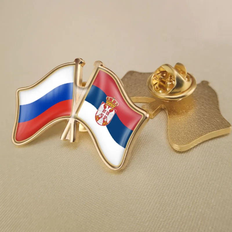 

Russian Federation and Serbia Crossed Double Friendship Flags Lapel Pins Brooch Badges