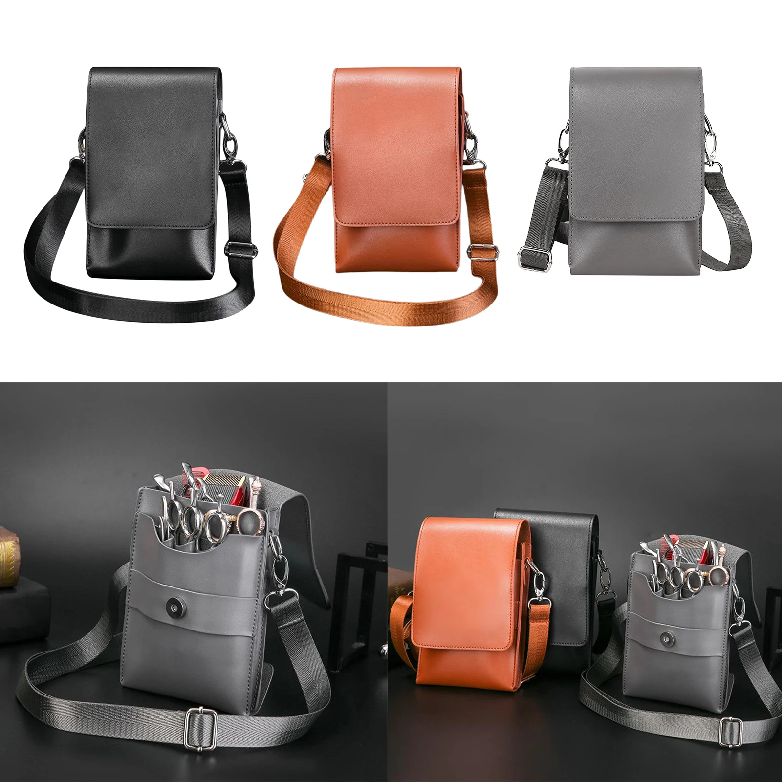 PU Leather Hair Scissor Bag Clips Bag Hairdressing Barber Scissor Holster Pouch Holder Case with Waist Shoulder Belt Brown