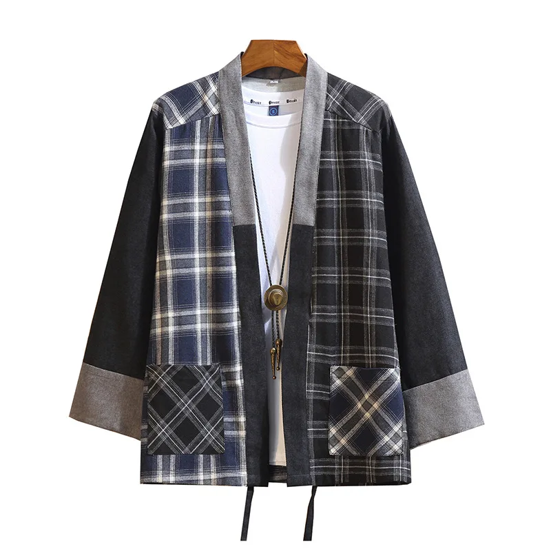 Cárdigan japonés de algodón a cuadros para hombre, ropa de exterior Haori, abrigo de moda, Kimono Samurai, ropa Yukata, novedad