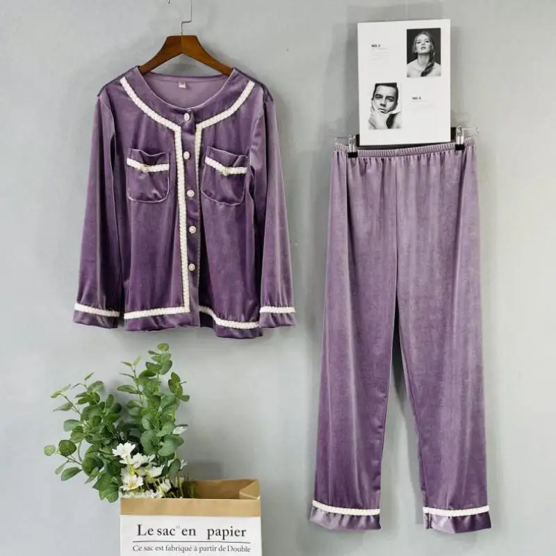 

Purple Velour Pajamas Set Round Neck Shirt&Pants Women Autumn 2PCS Sleepwear Velvet Sleep Set Long Sleeve Pijamas Suit