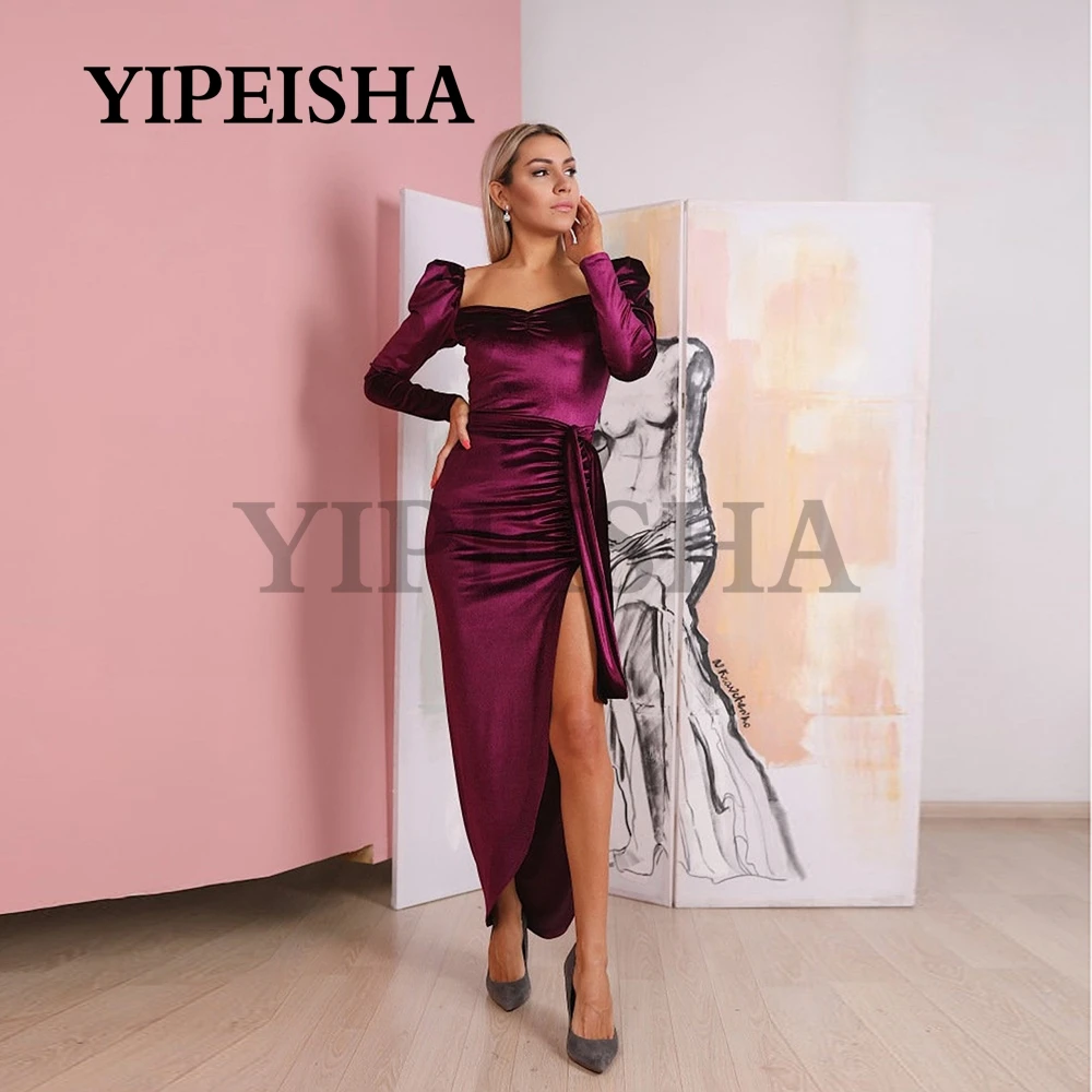 

Simple Square Collar Long Sleeve Asymmetrical Evening Dresses Backlsss Ankle-Length Party Gown vestidos de fiesta فساتين السهرة